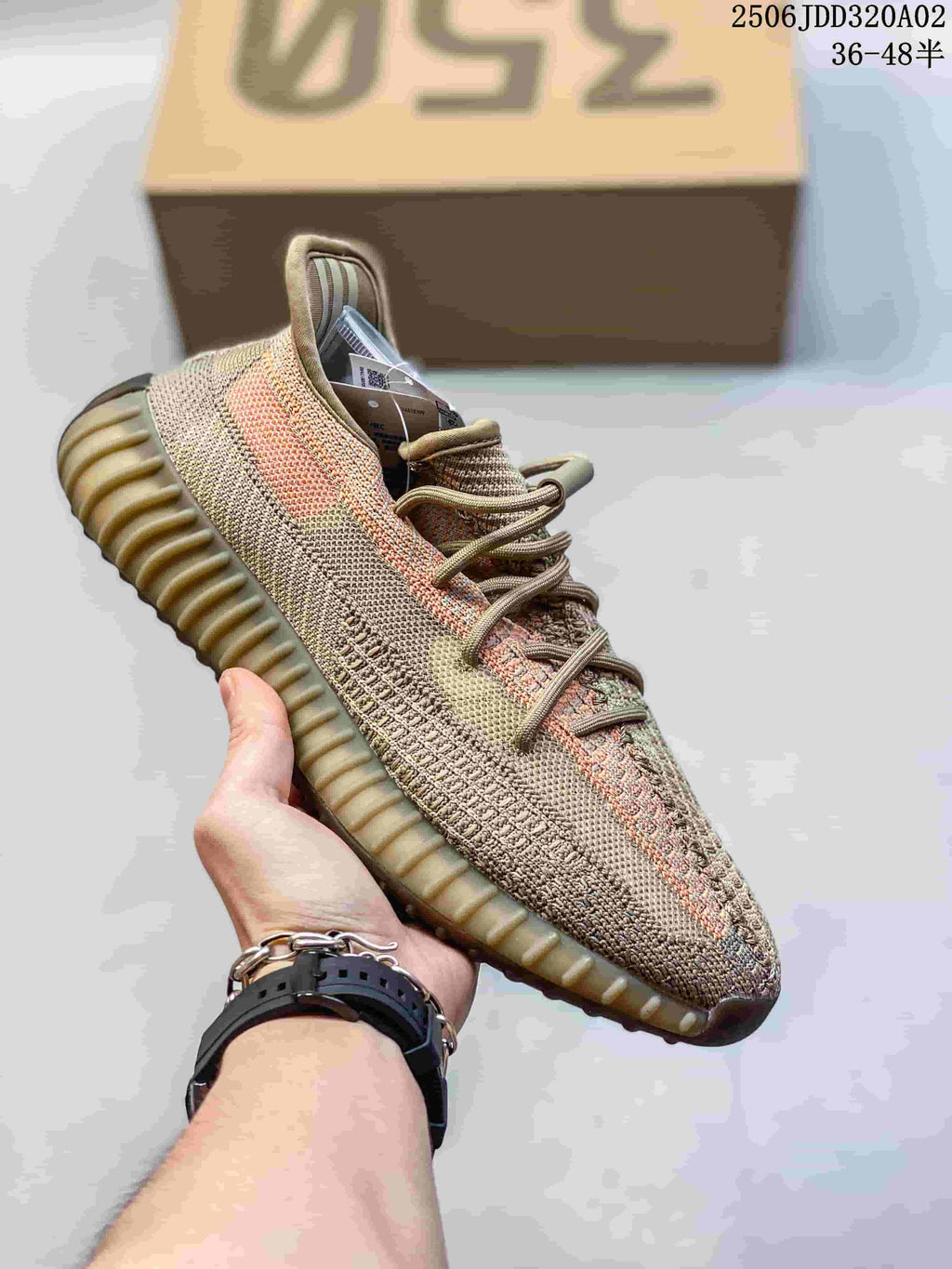 Tan and multicolor knit low-top sneaker with a ribbed sole
