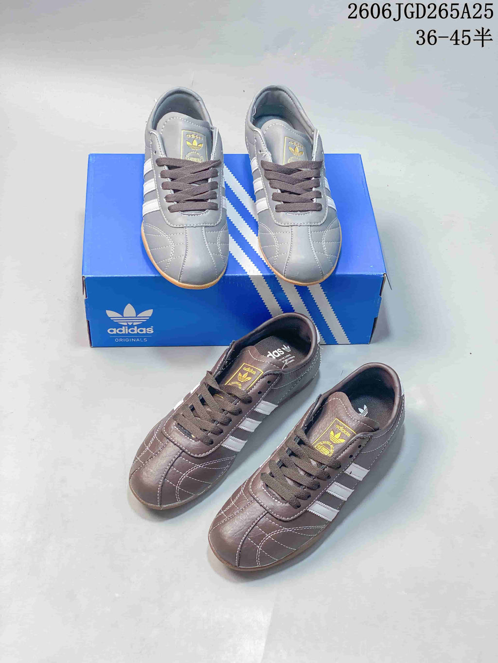 Gray and brown adidas Originals Tokyo sneakers shown together