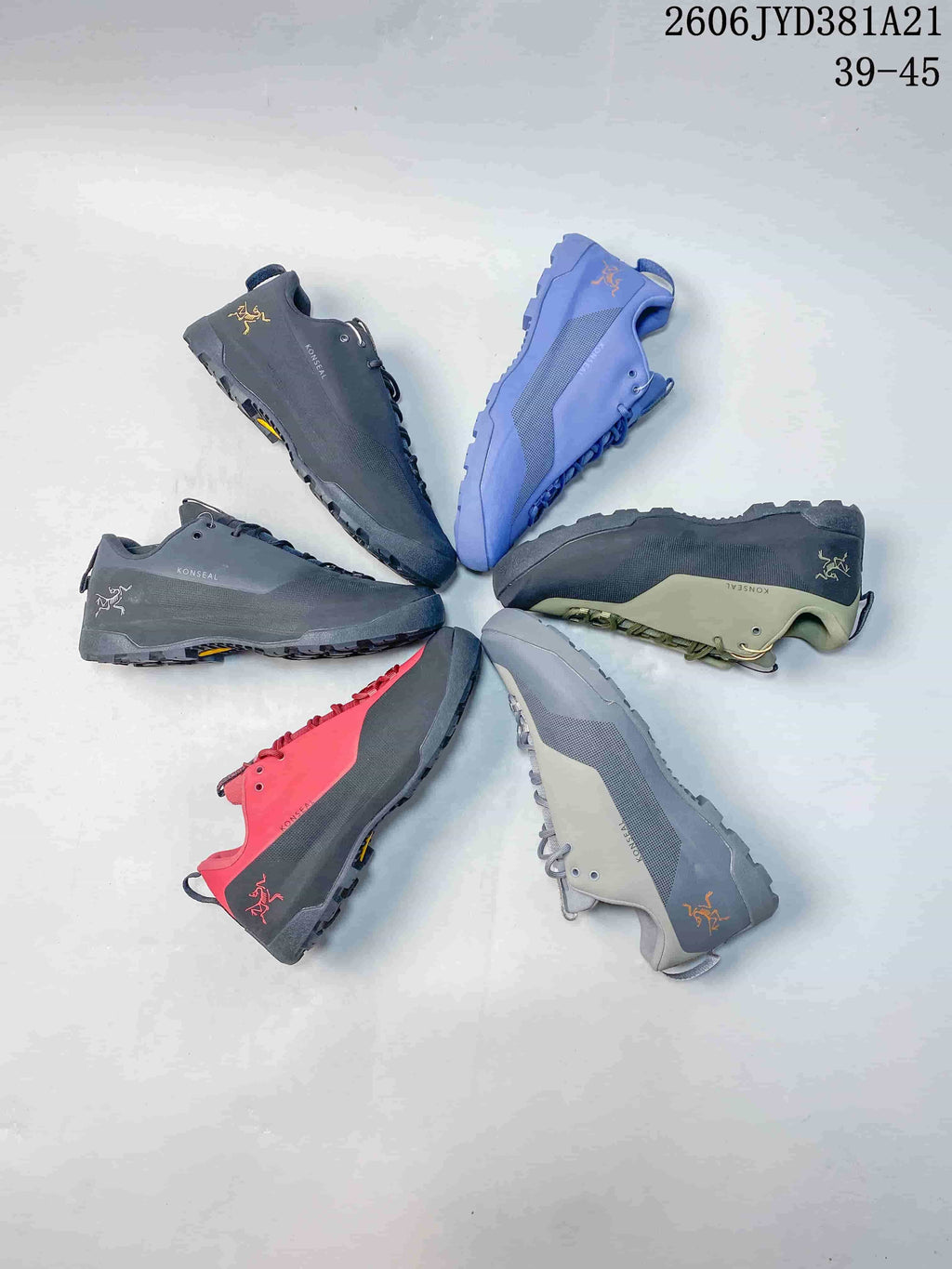Several Arc'teryx Konseal shoes arranged together in different colors