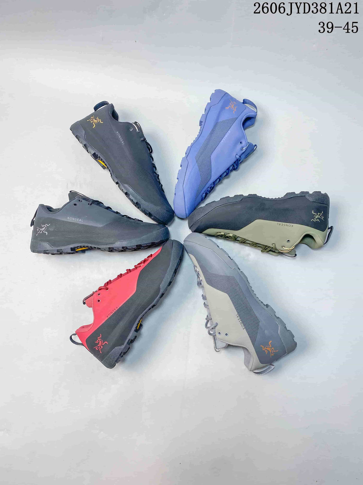 Several Arc'teryx Konseal shoes arranged together in different colors