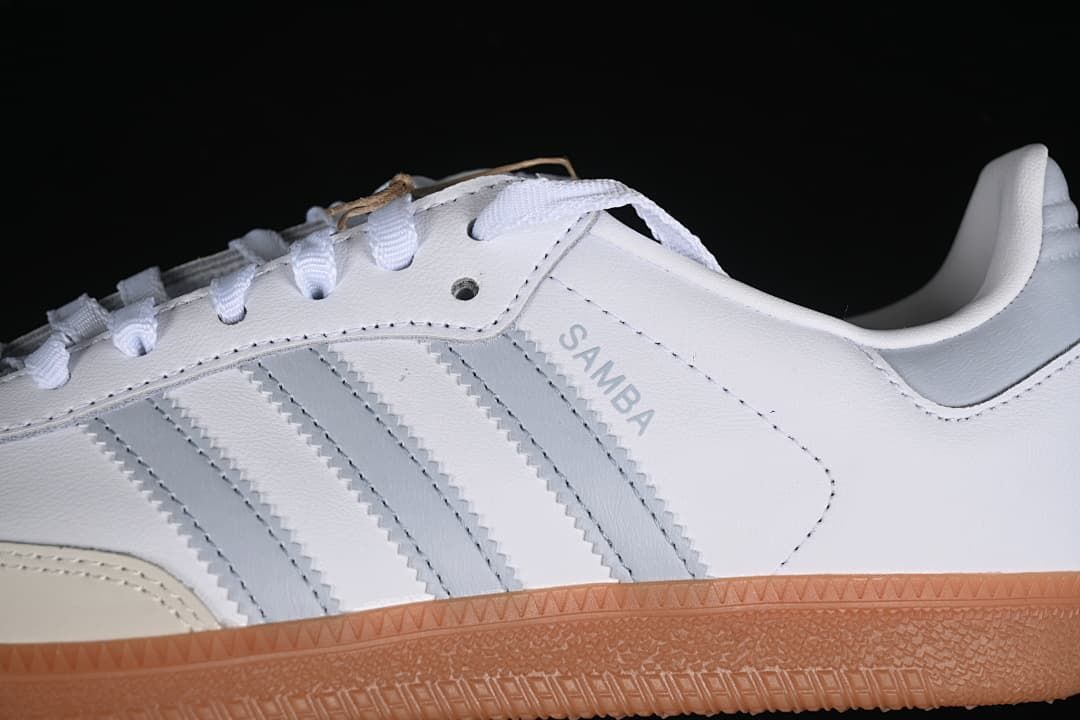 Close-up of grey stripes, Samba side branding, and gum-colored sole