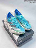 Pair of turquoise, blue, silver, and white Adidas Adizero Y-3 Adios Pro 4 running shoes