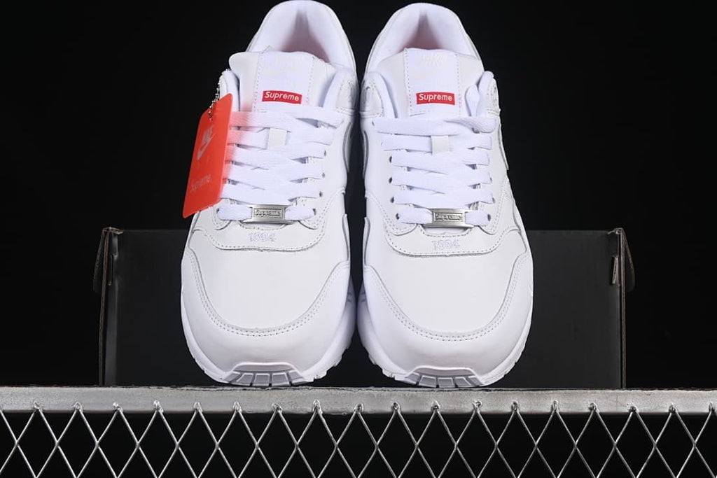 Front view of the pair with white laces and red tongue labels