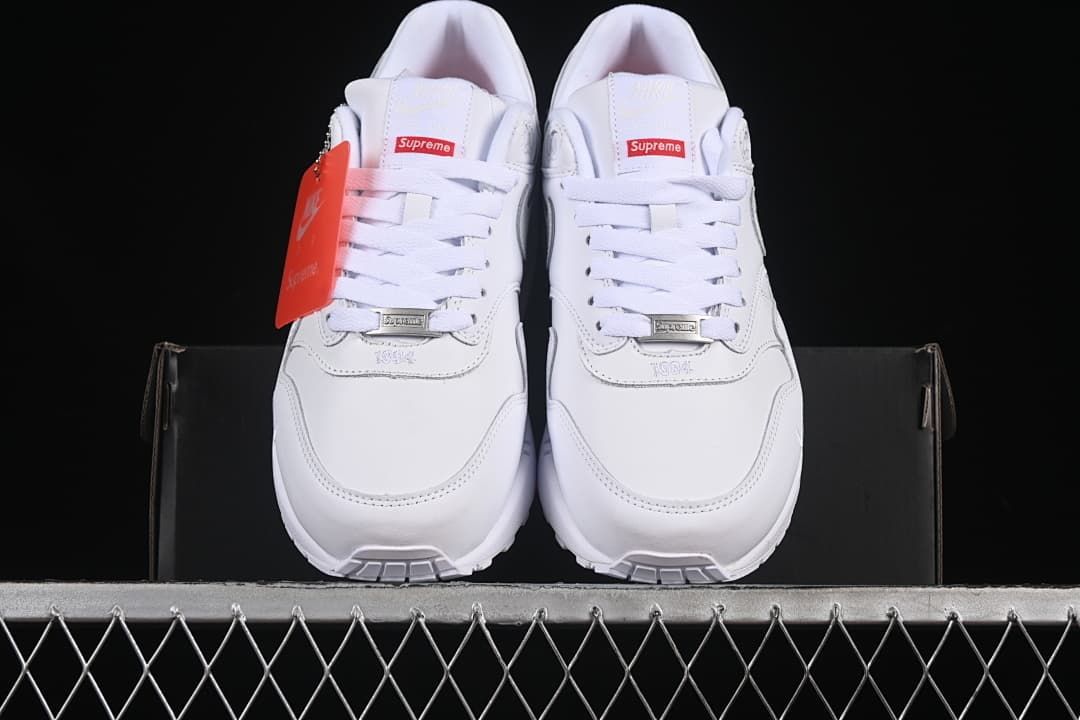 Front view of the pair with white laces and red tongue labels