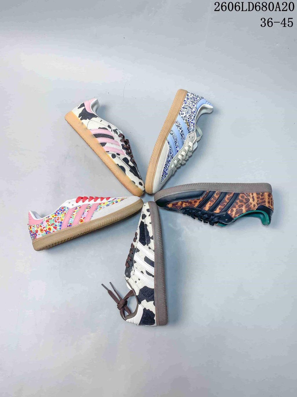 Five patterned low-top sneakers arranged in a circle