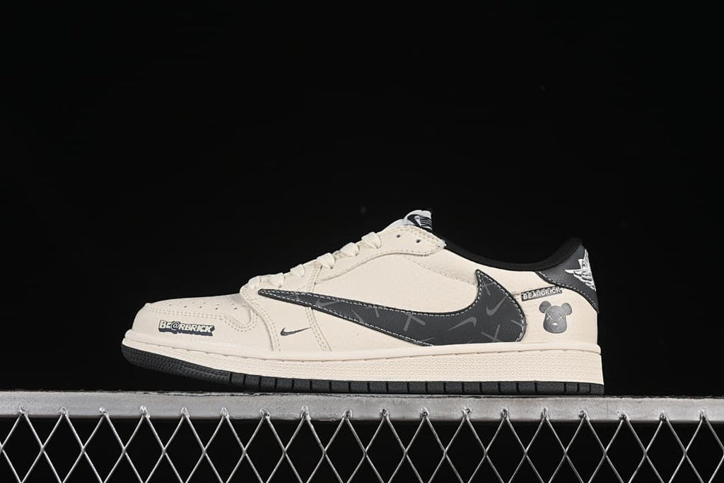 Side view of an off-white and black low-top sneaker with a patterned dark side panel and Bearbrick-style graphics