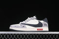 Low-top sneaker in gray, off-white and dark accents, shown in profile with a red rectangular midsole detail.
