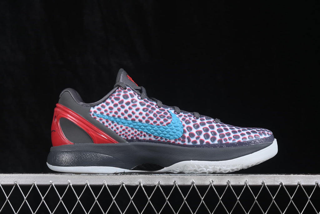 Side profile of Nike Kobe VI Protro basketball shoes showing the patterned upper, blue Swoosh, red heel structure, black midsole, and translucent outsole.