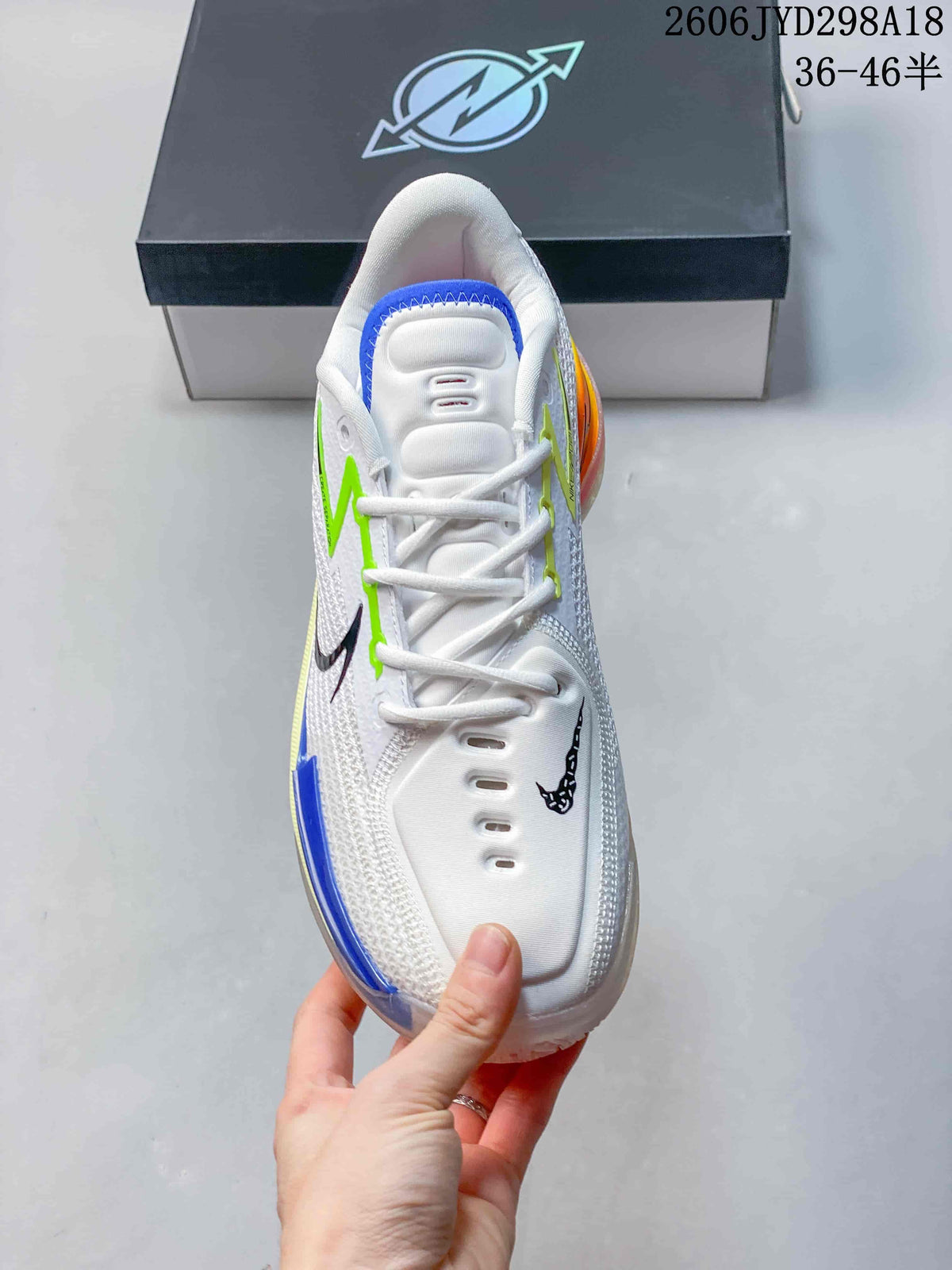 Top-down view showing the laces, padded tongue, and multicolor accents.