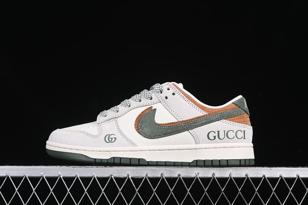 Side view highlighting the off-white, brown, and dark green color combination