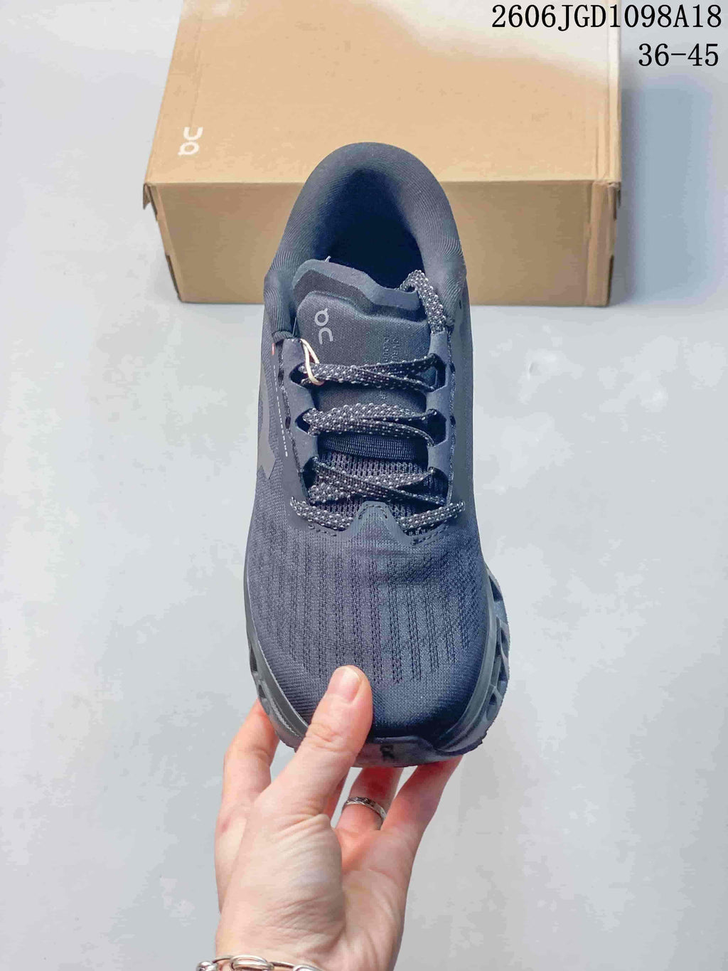 Top view showing the laces, tongue and knit-look upper.