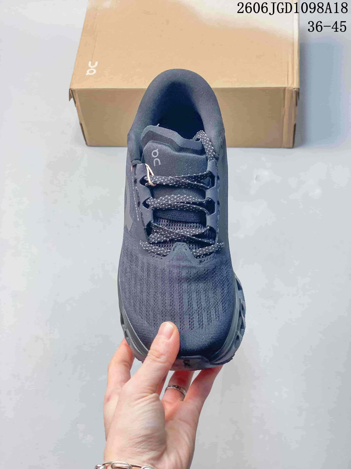 Top view showing the laces, tongue and knit-look upper.