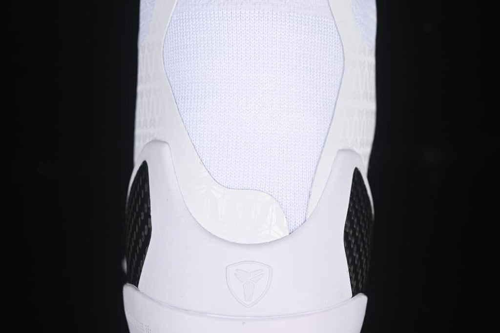 Rear view of the high-top shoes with Kobe heel emblems and black side accents