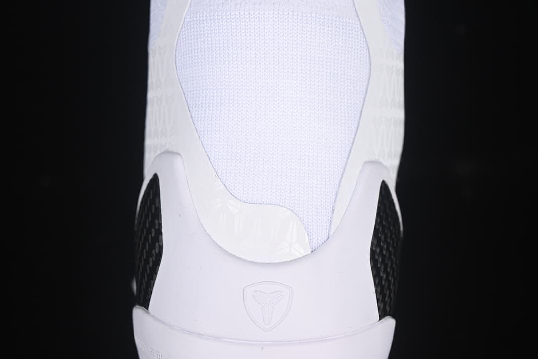 Rear view of the high-top shoes with Kobe heel emblems and black side accents