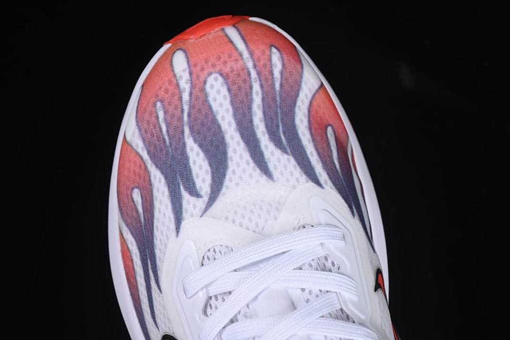 Top-front view showing the flame-inspired toe graphic and white laces