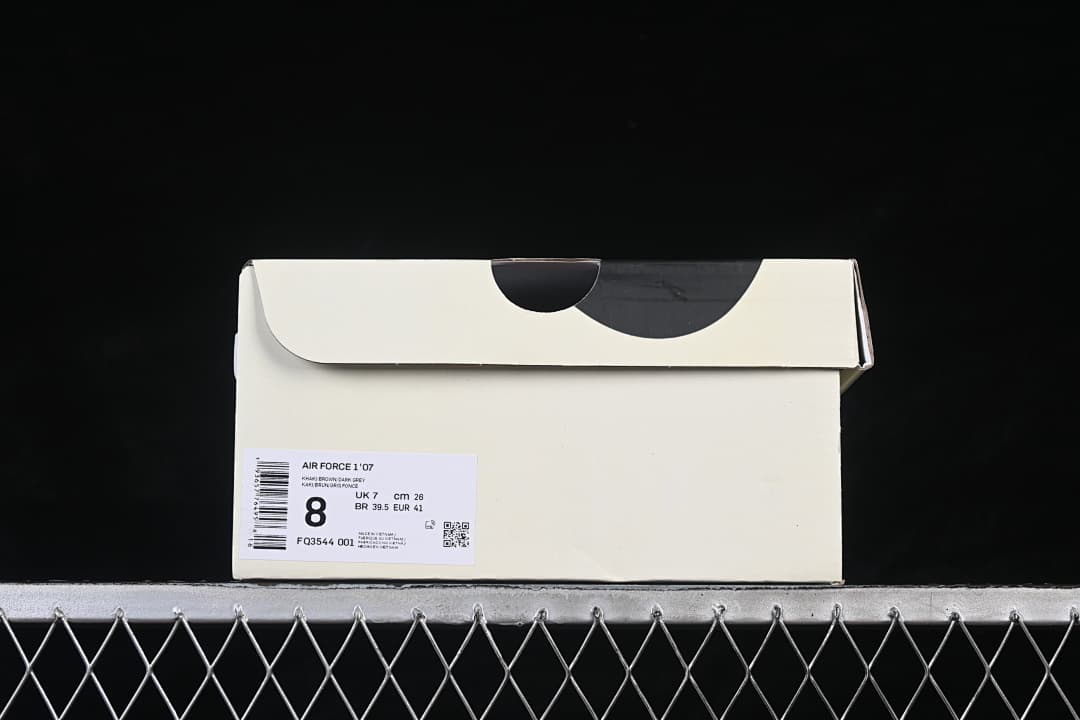 Shoebox label showing Air Force 1 '07, style code FQ3544-001, and sample size markings