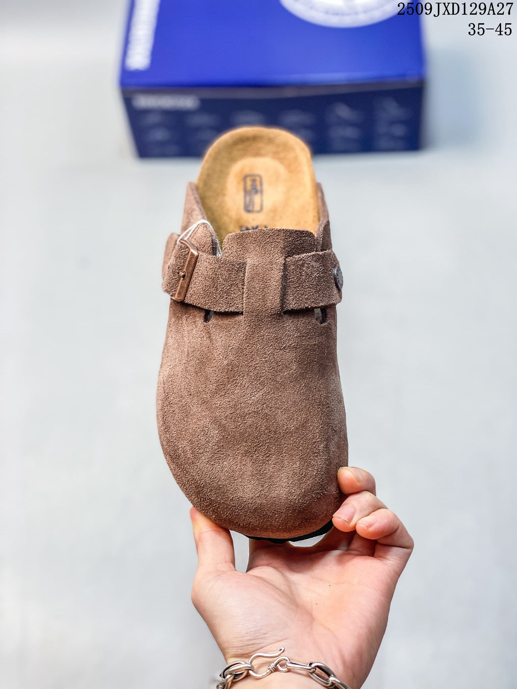 Top view showing the rounded closed toe and buckle strap