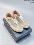 Beige ECCO lace-up sneakers with tan heel details, shown on a branded box; image also displays style code 2606GXD518A08 and sizes 38–44.