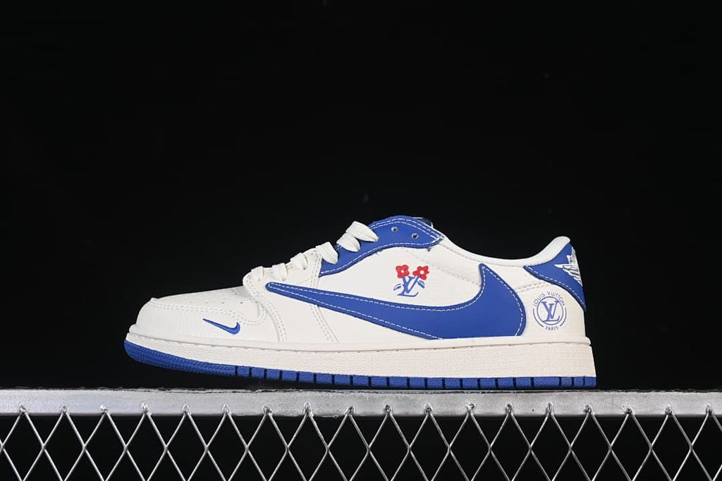 Side view of a white and blue low-top sneaker with floral-style graphics