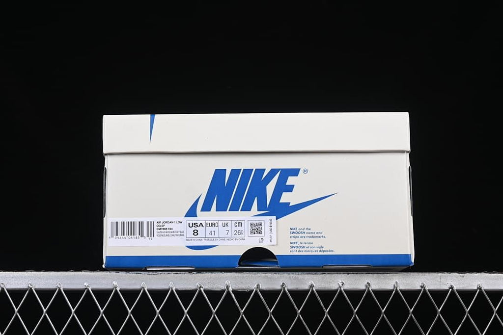 Shoebox label showing Air Jordan 1 Low, model DM7866-104, and sample sizing