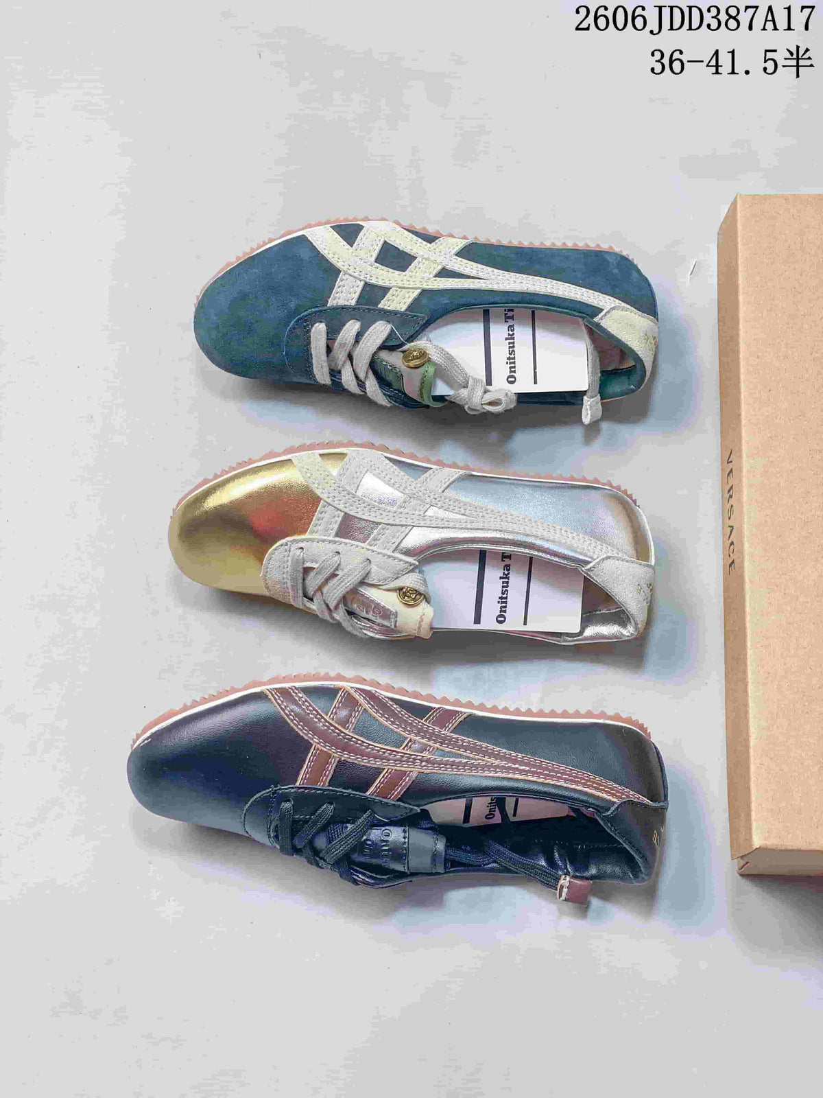 Overhead view of the blue, gold-and-silver, and navy colorways.