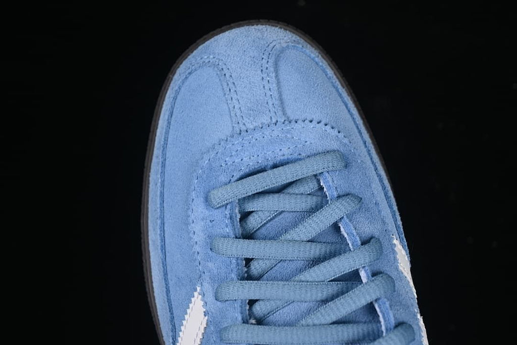 Top-down view of the blue sneaker toe and laces