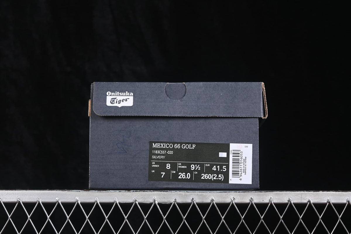 Onitsuka Tiger shoebox labeled Mexico 66 Golf, style 1183C557-020, color Silvery, and EU 41.5.