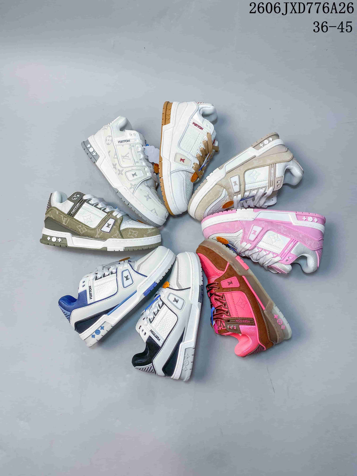 Several Louis Vuitton Trainer Low sneakers arranged in different colorways