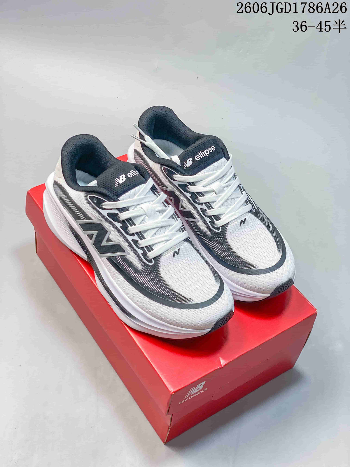 Two pairs of New Balance Ellipse V1 low-top running shoes in white with dark gray accents and a light neutral colorway.