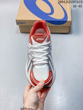 Top view of the white and red ASICS Gel-Flux CN sneaker with the shoebox behind it.