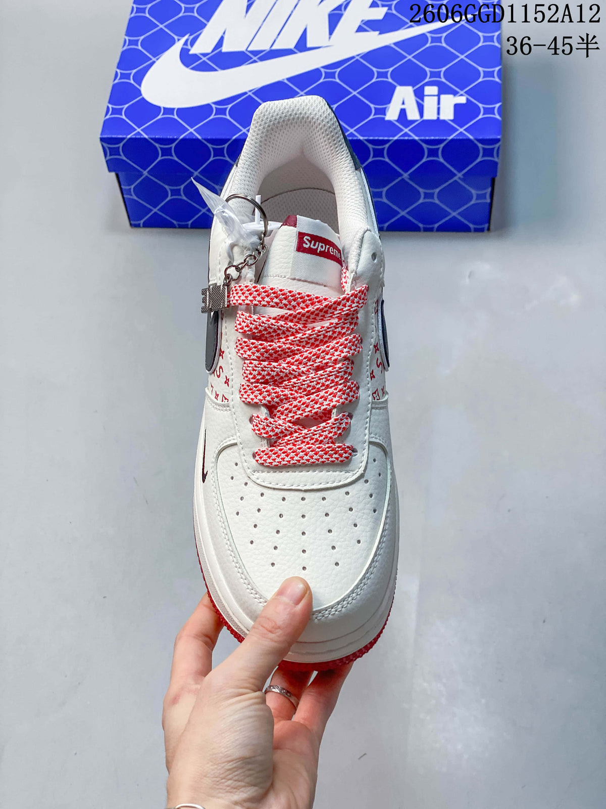 Front view showing the perforated toe and red-and-white laces