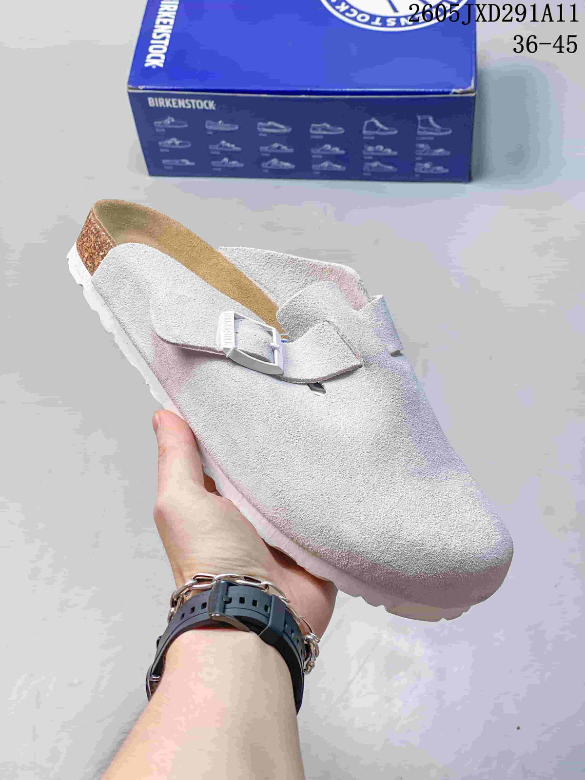 Pale gray suede-like Zurich-style clog sandal with an adjustable buckle strap
