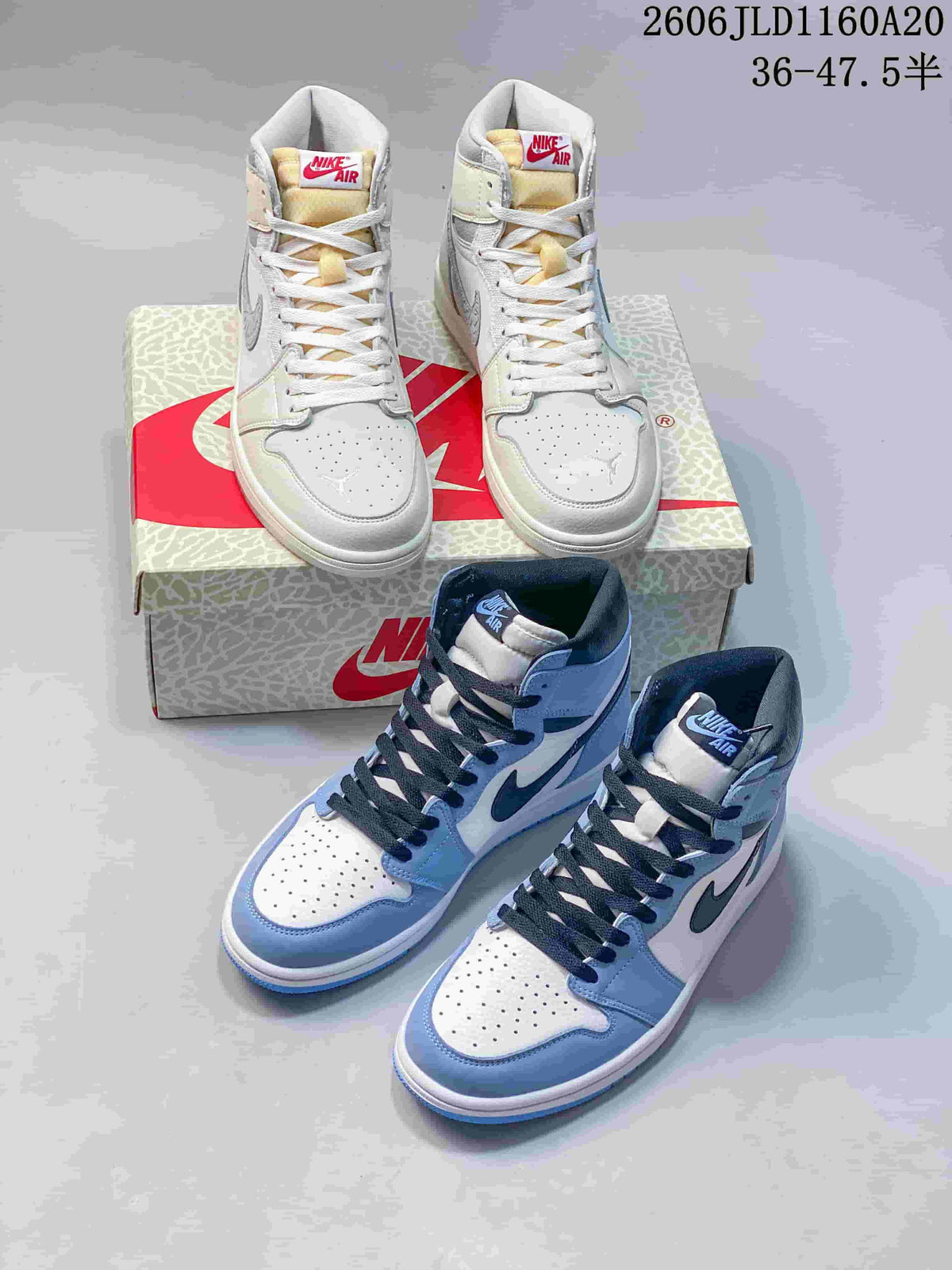 White and blue Jordan 1 high-top sneakers shown together