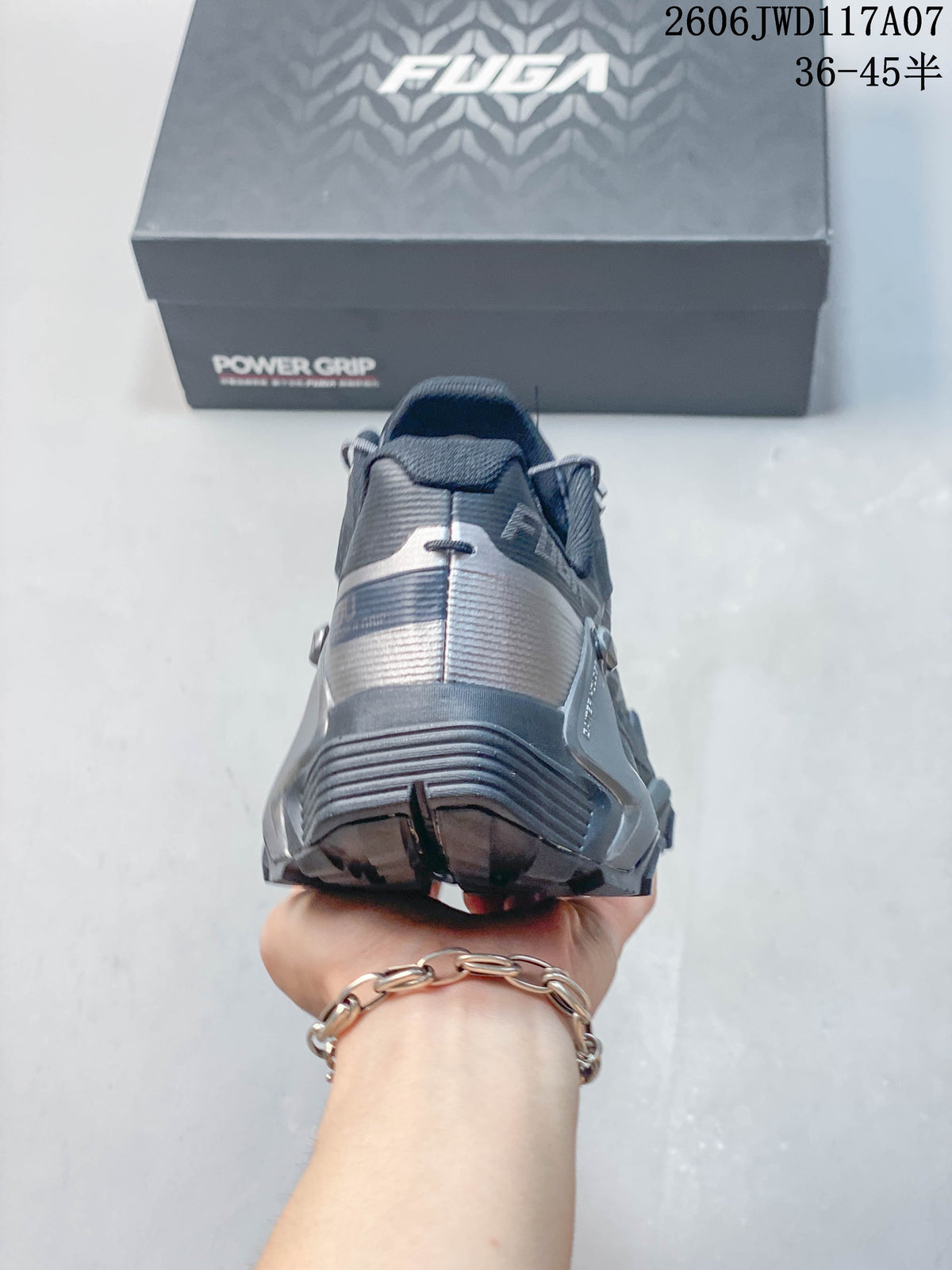 Rear view showing the heel structure of a gray trail running shoe
