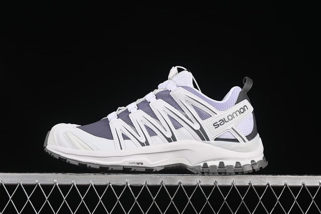 Side view of white and gray Salomon XA Pro 3D trail running shoe