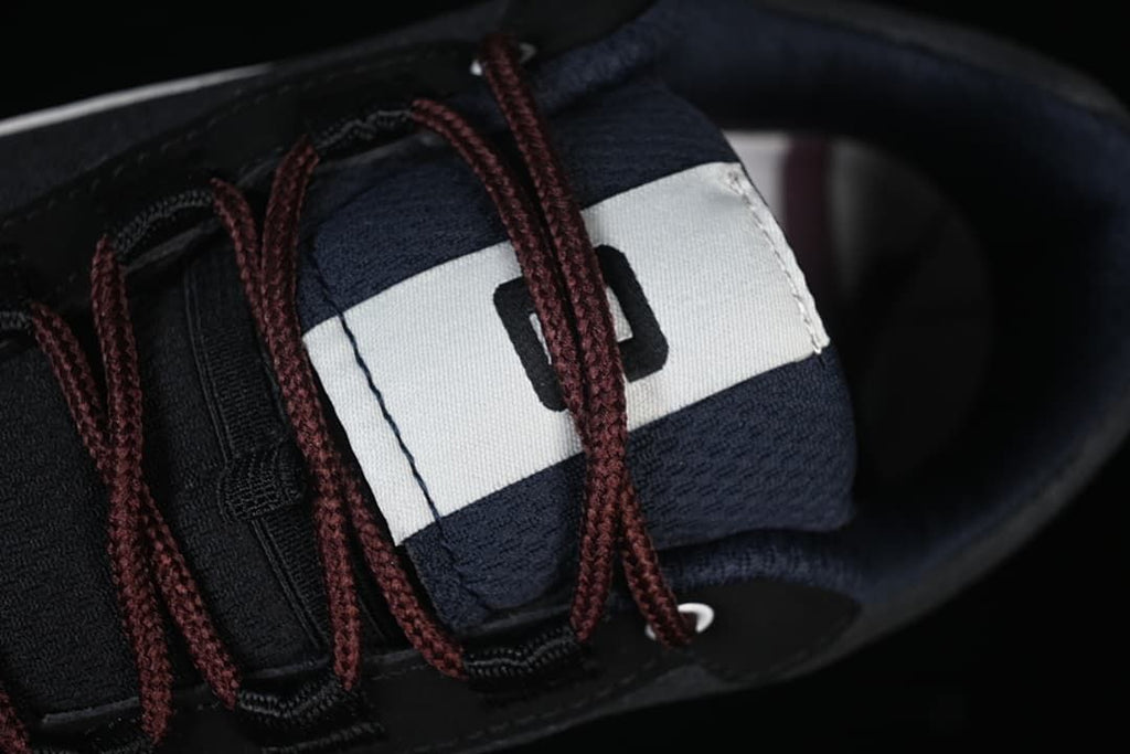 Close-up of the tongue label and burgundy laces.