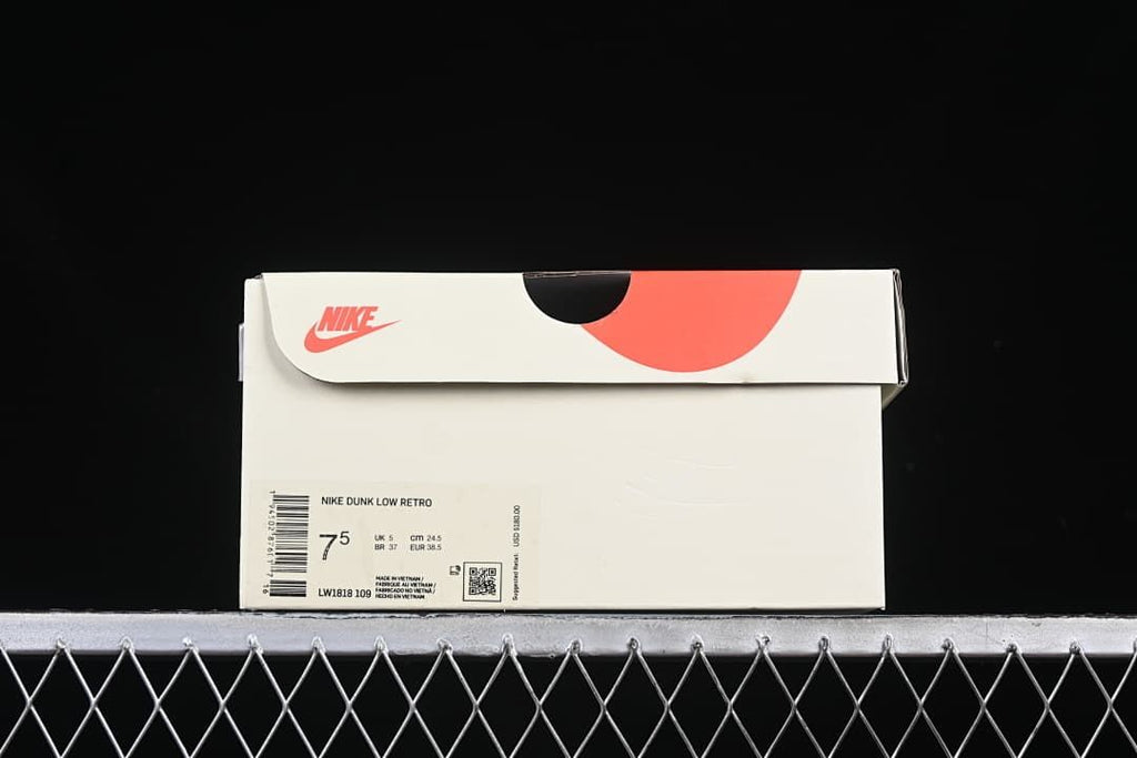 Shoe box label identifying Nike Dunk Low Retro and style code LW1818-109