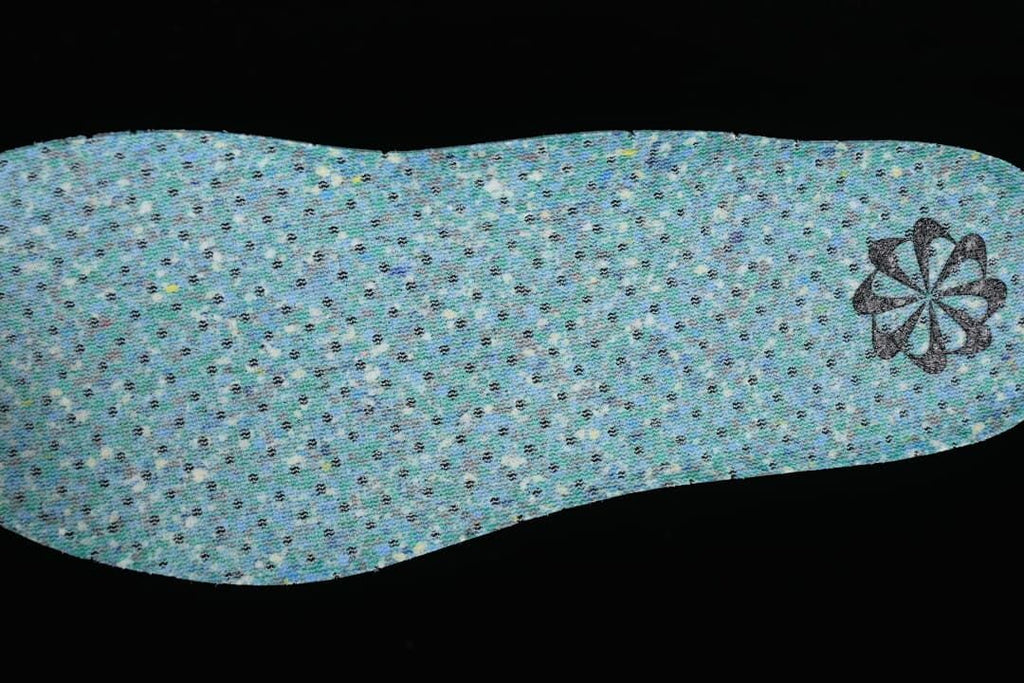 Reverse side of a blue-green textured shoe insert