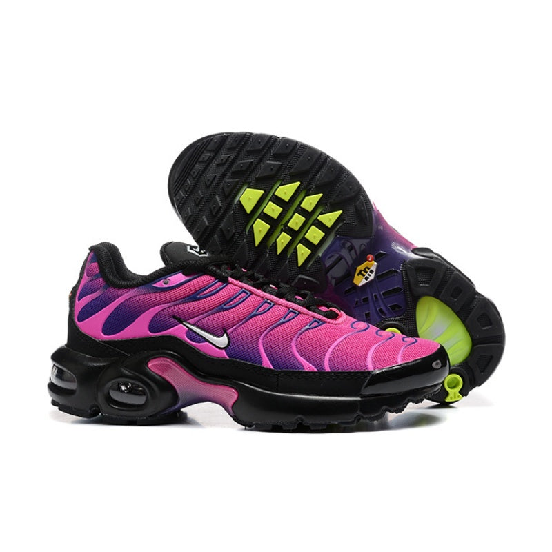 Pink and purple Nike Air Max Plus-style sneakers with black accents and lime outsole details.