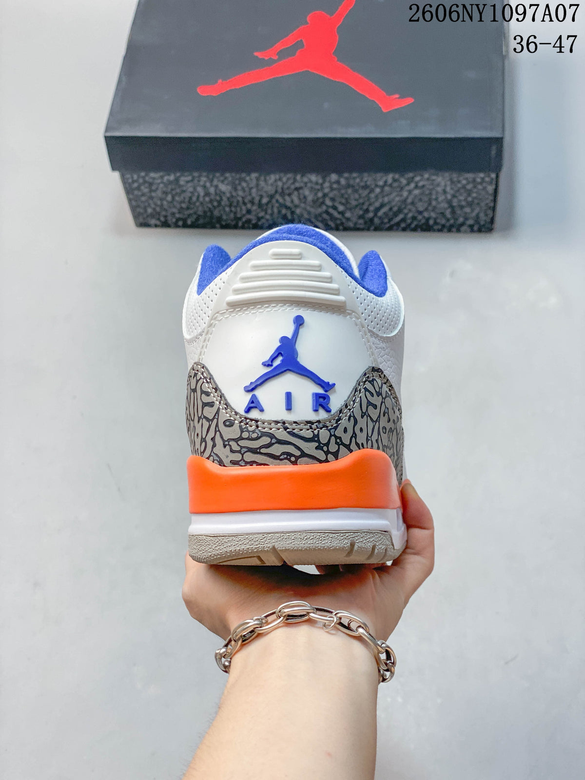 Rear view of the Jordan Air Jordan 3 Knicks sneaker showing elephant-print panels and orange heel accent