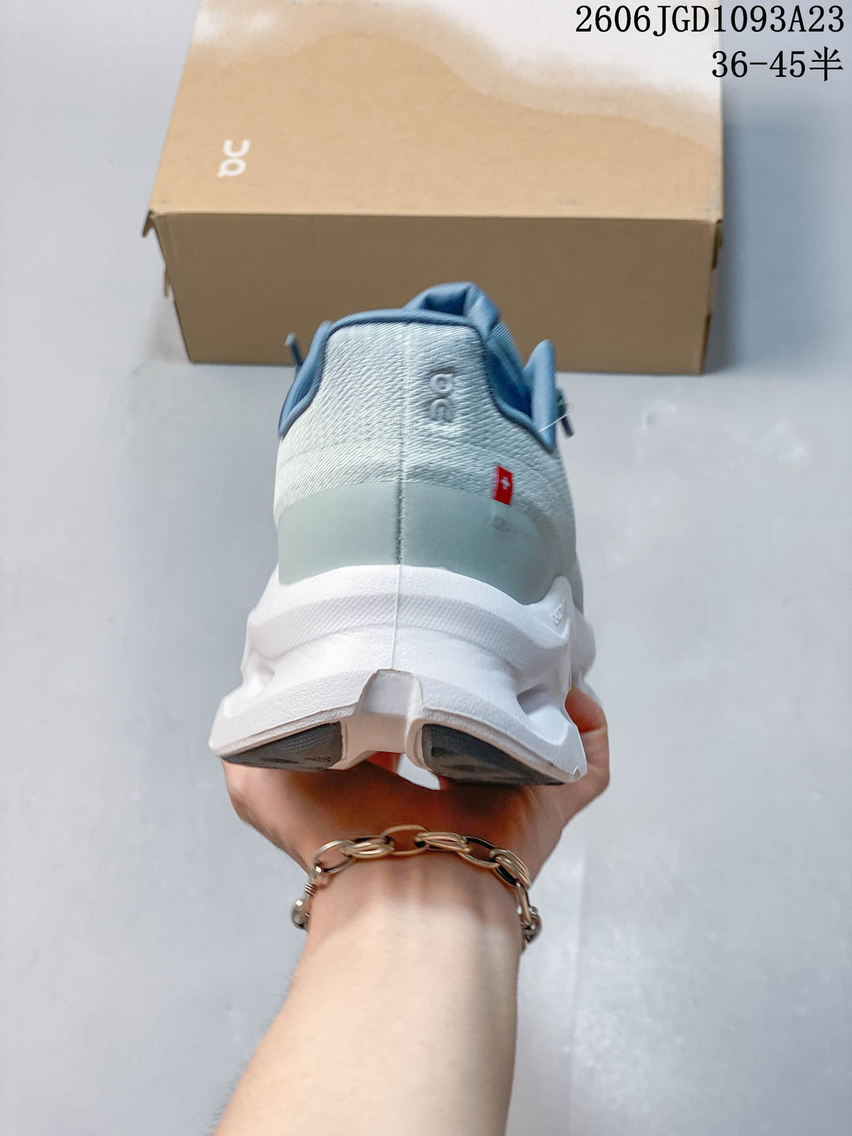 Rear view showing the heel and sculpted white sole
