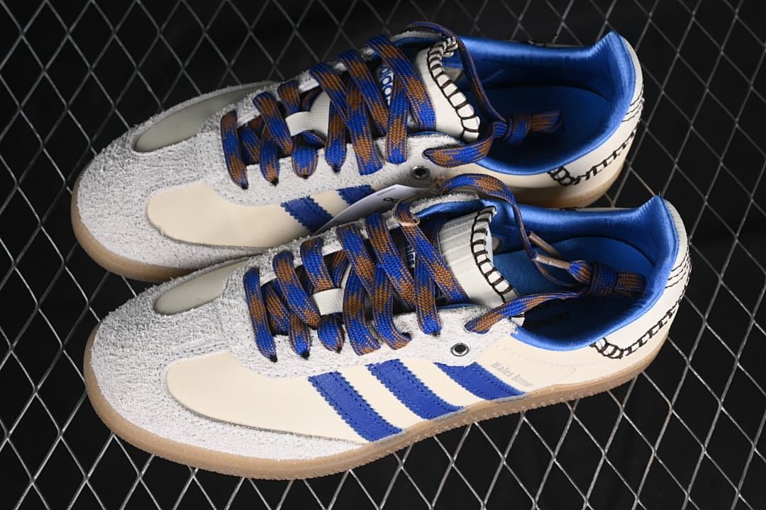 Pair of off-white and blue Wales Bonner Samba sneakers shown from above.