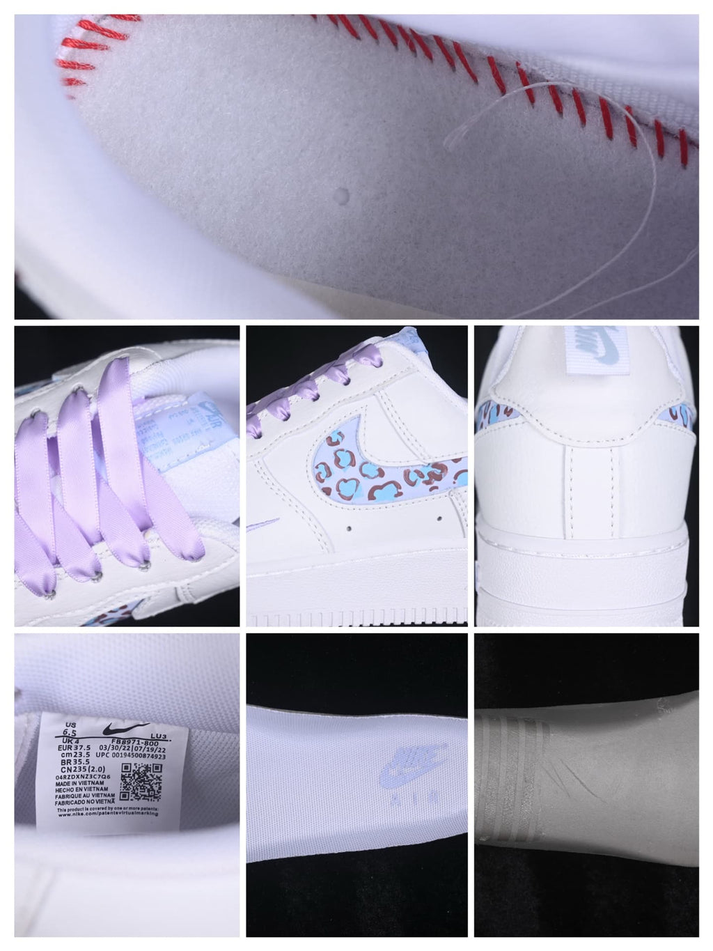 Detail collage showing stitching, laces, Swoosh pattern, heel, tongue label and interior product label.