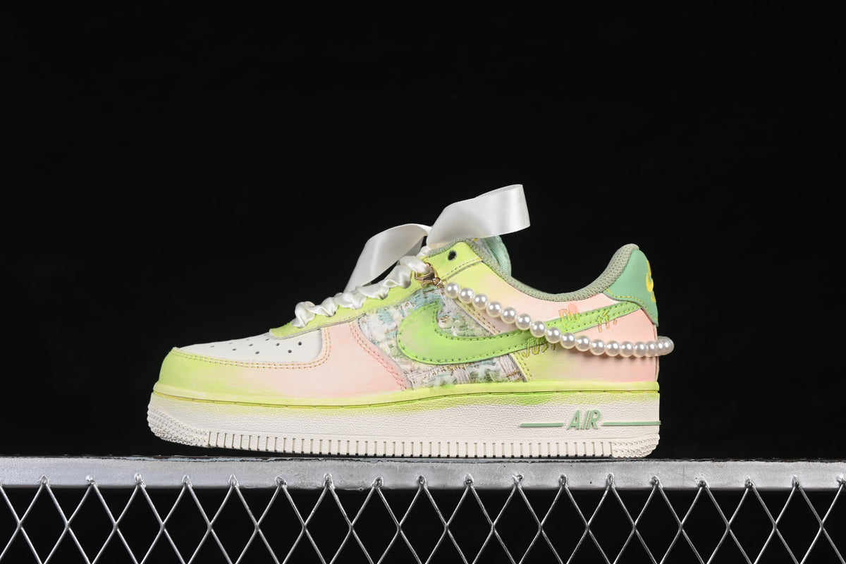 Side profile of the pastel low-top sneaker with pearl-like trim