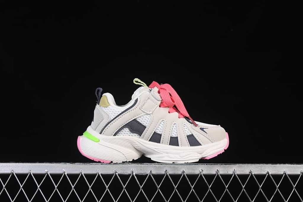 Side profile of one sneaker showing its gray, white, pink and lime green colorway.