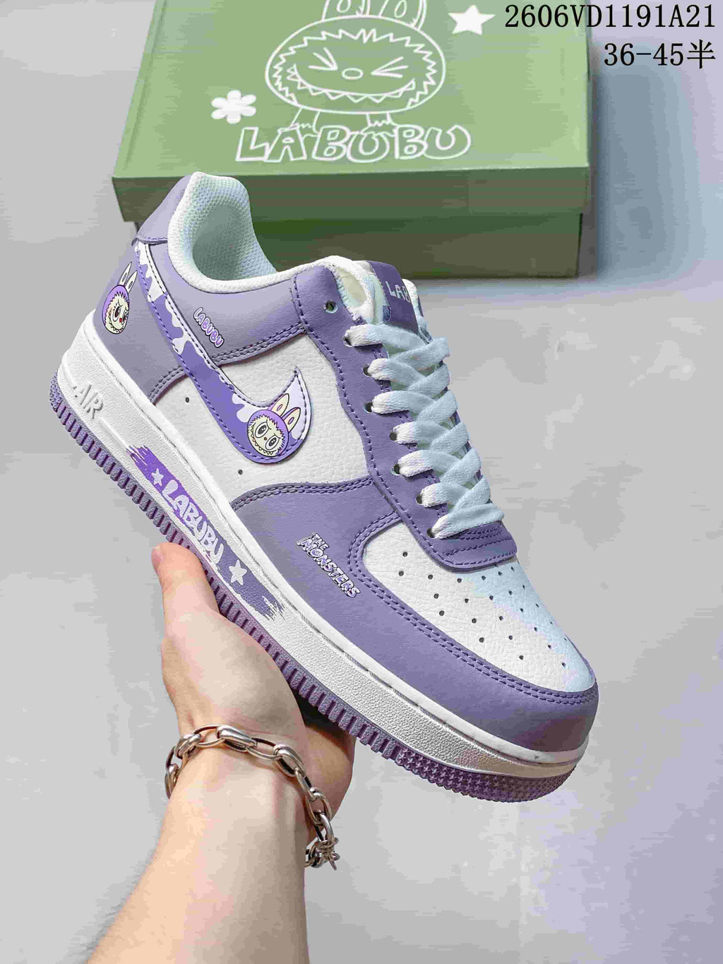 Lavender and white low-top sneakers with LABUBU graphics beside a green LABUBU shoe box; image text shows a size range of 36–45.5.