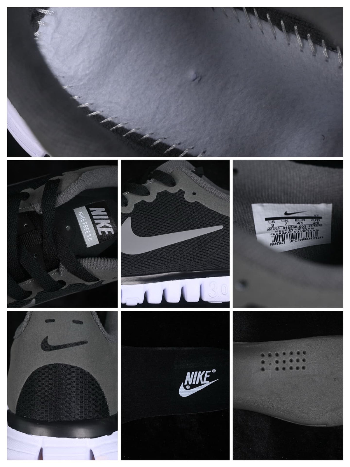 Close-up collage showing the mesh upper, stitching, Nike branding, tongue label, outsole and a product size label.