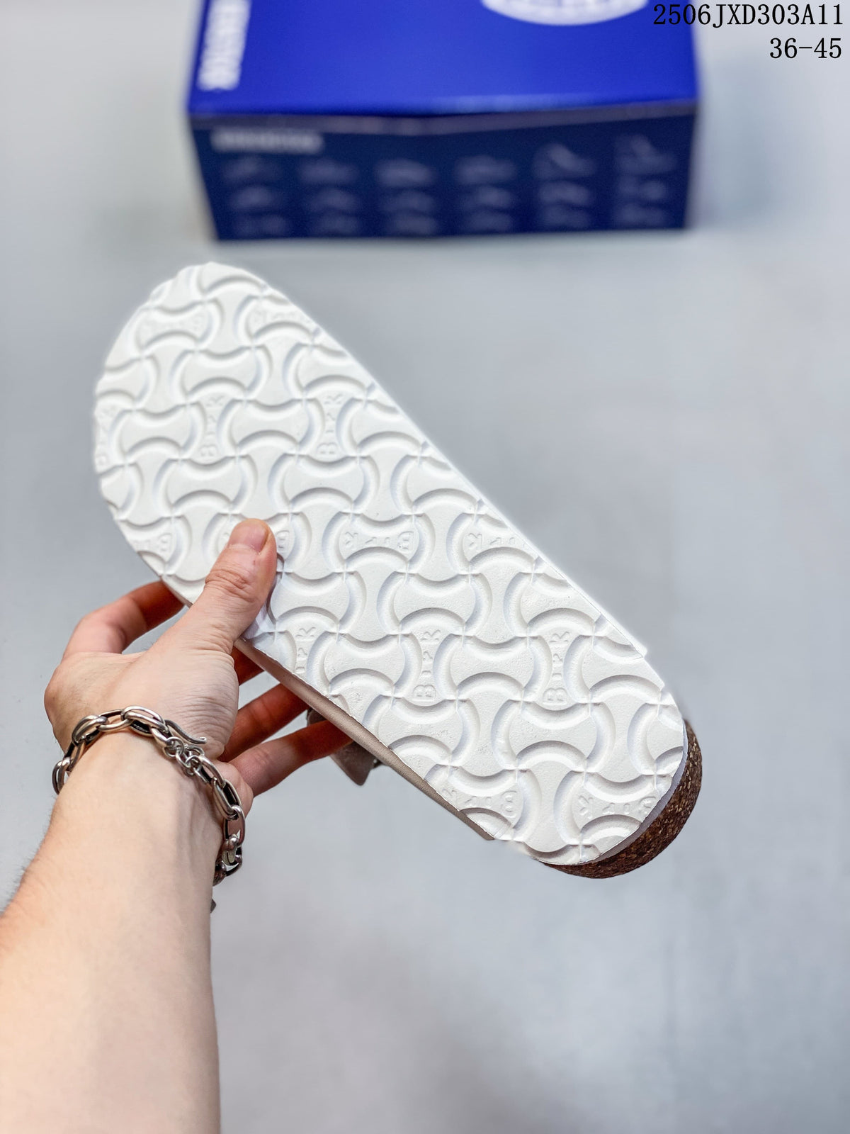 Close-up of the white sandal outsole with a repeating tread pattern.