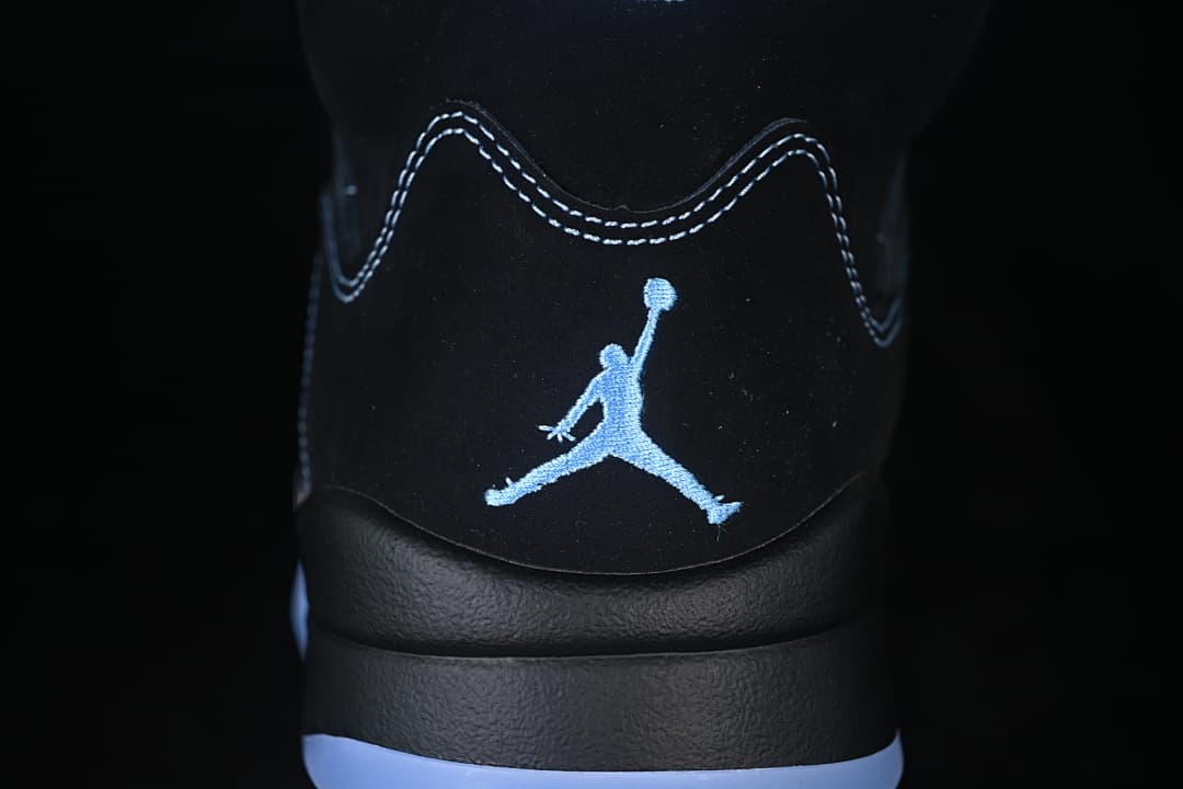Rear view showing a blue Jumpman logo on the black heel.