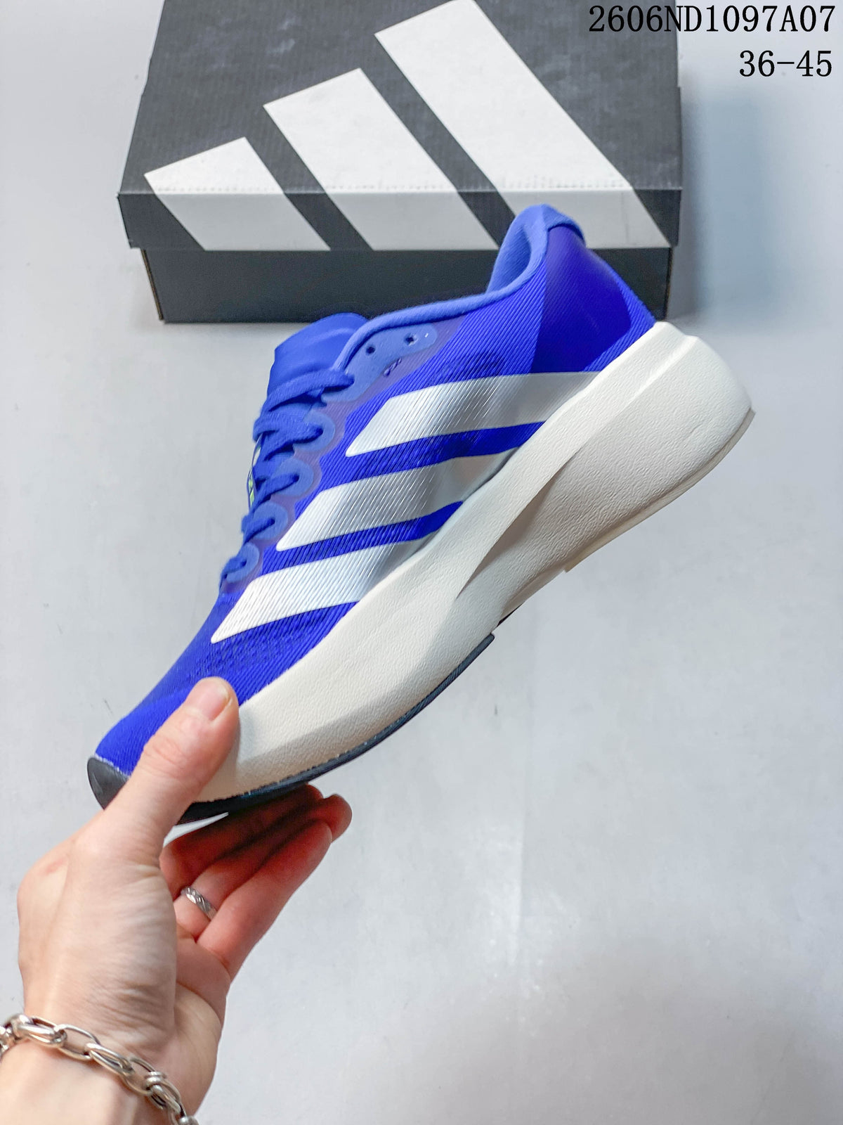 Side view of a blue adidas Adizero Evo SL shoe with silver stripes and a light-colored midsole; image overlay shows 36–45.